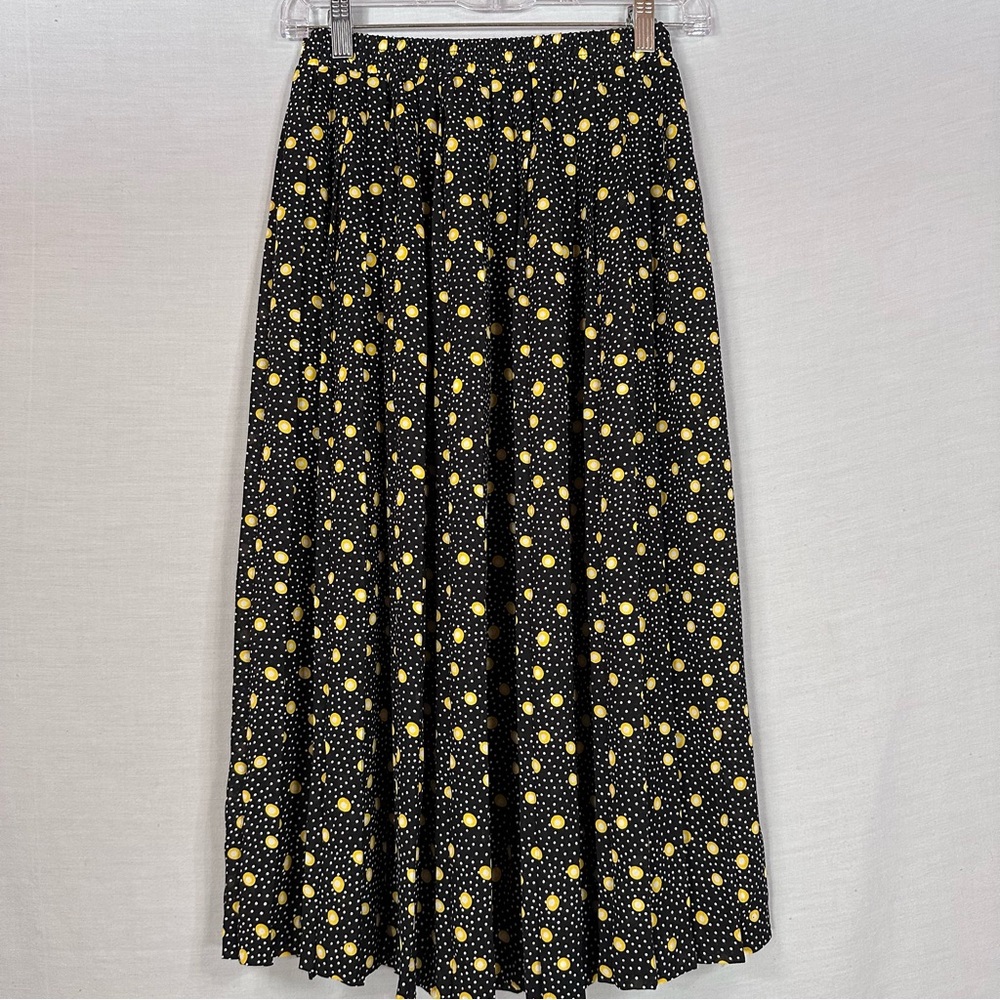 Vintage Leslie Fay Black Yellow Sheer Pleated Midi Skirt 6